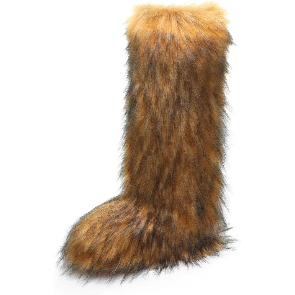🆕Women Brown Faux Fur Fluffy Cosy Round Toe Knee High Warm Outdoor Fur Boot